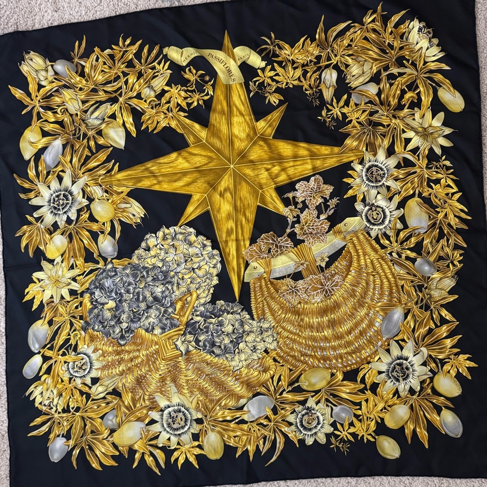 Hermes Starburst Black and Gold Scarf
